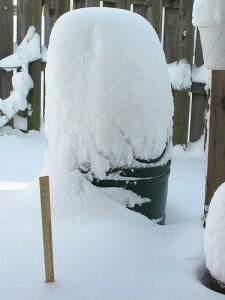 Snow on a rain barrel.